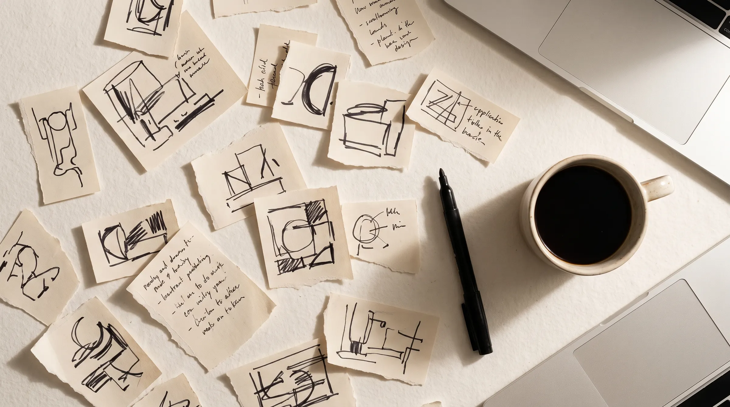 A table covered in handwritten notes and rough sketches