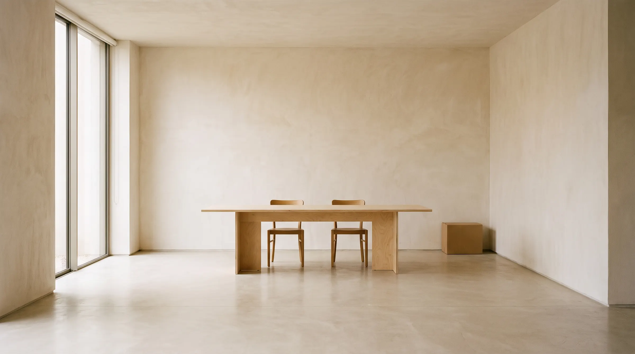 An almost empty studio with one long table